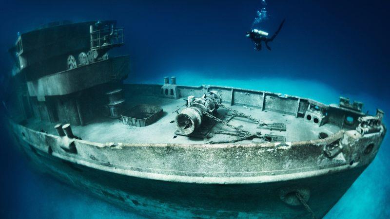 The wreck of the USS Kittiwake submarine rescue vessel The wreck of the USS Kittiwake submarine rescue vessel