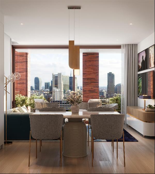 A bight two-bedroom apartment located on the 17th floor of The Arc in Shoreditch. Alongsid