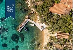 An exclusive villa with a private beach and a big dock on the beach of Cala Suaraccia, als