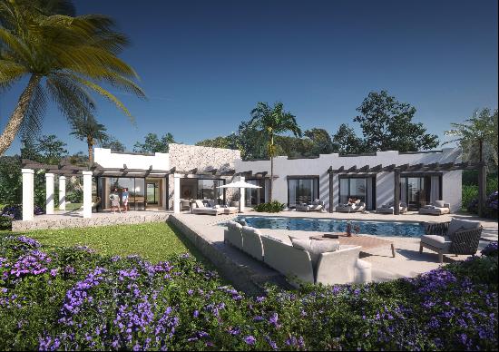 An exquisite, newly-built villa with stylish interior spaces and a well-designed garden.